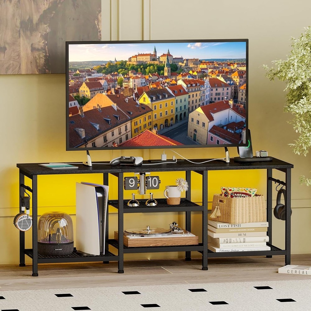 Versatile Black TV Console with LED Lights & Large Open Storage for Media