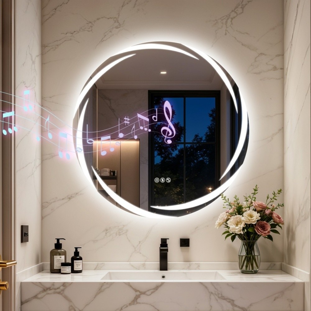 32" Smart LED Bathroom Mirror Wall-Mounted with Bluetooth Speaker Dimmable Round