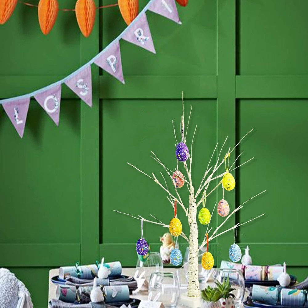 Easter Decorations 24 Inch Pre-Lit White Birch Tree with 10 Hanging Easter Egg