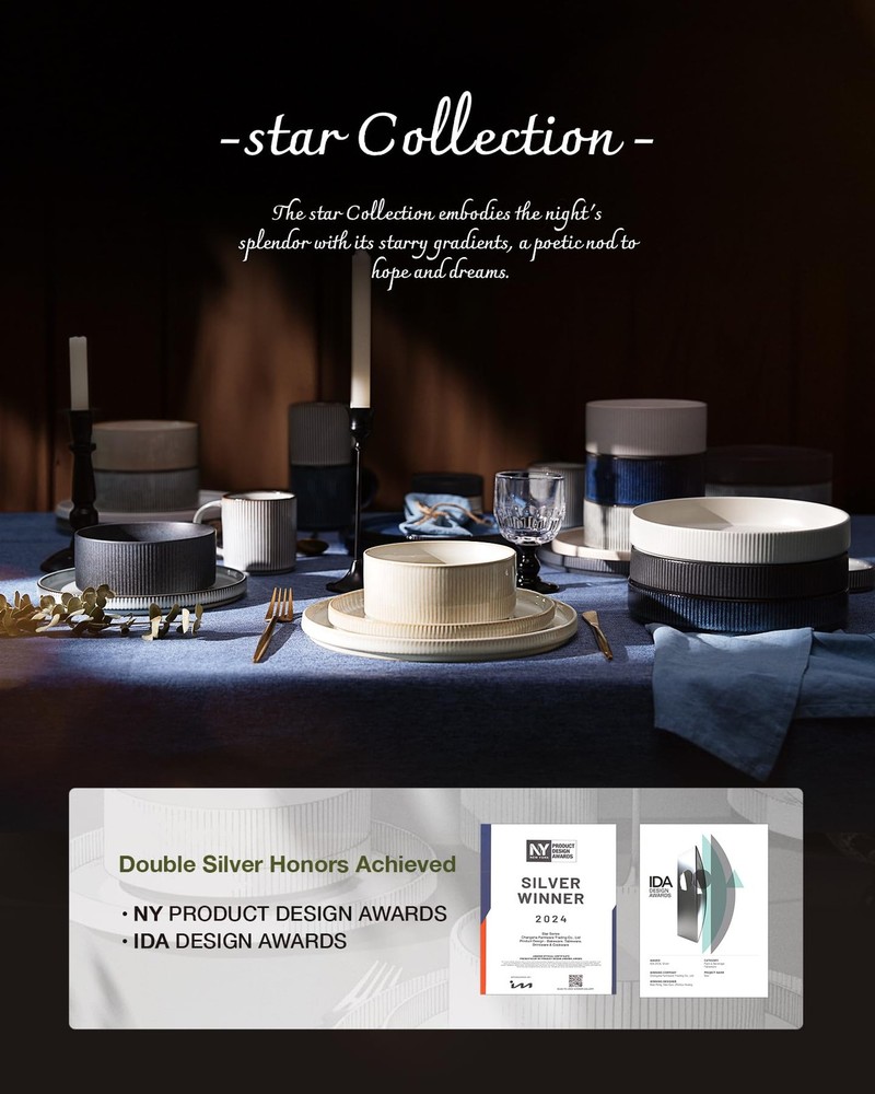 Star Plates and Bowls Sets, Modern Stoneware Dinnerware Sets for 8, 24-Piece ...