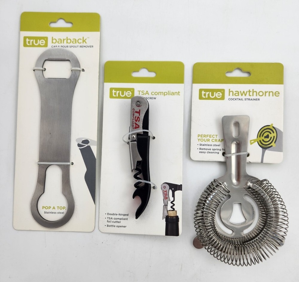 True Hawthorne Bar Set Cocktail Strainer Corkscrew Bottle Cap Spout Remover 3 Pc