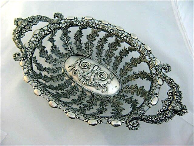 Antique German Solid Silver Bread Tray or Basket Naturalistic Rococo Design 9.4