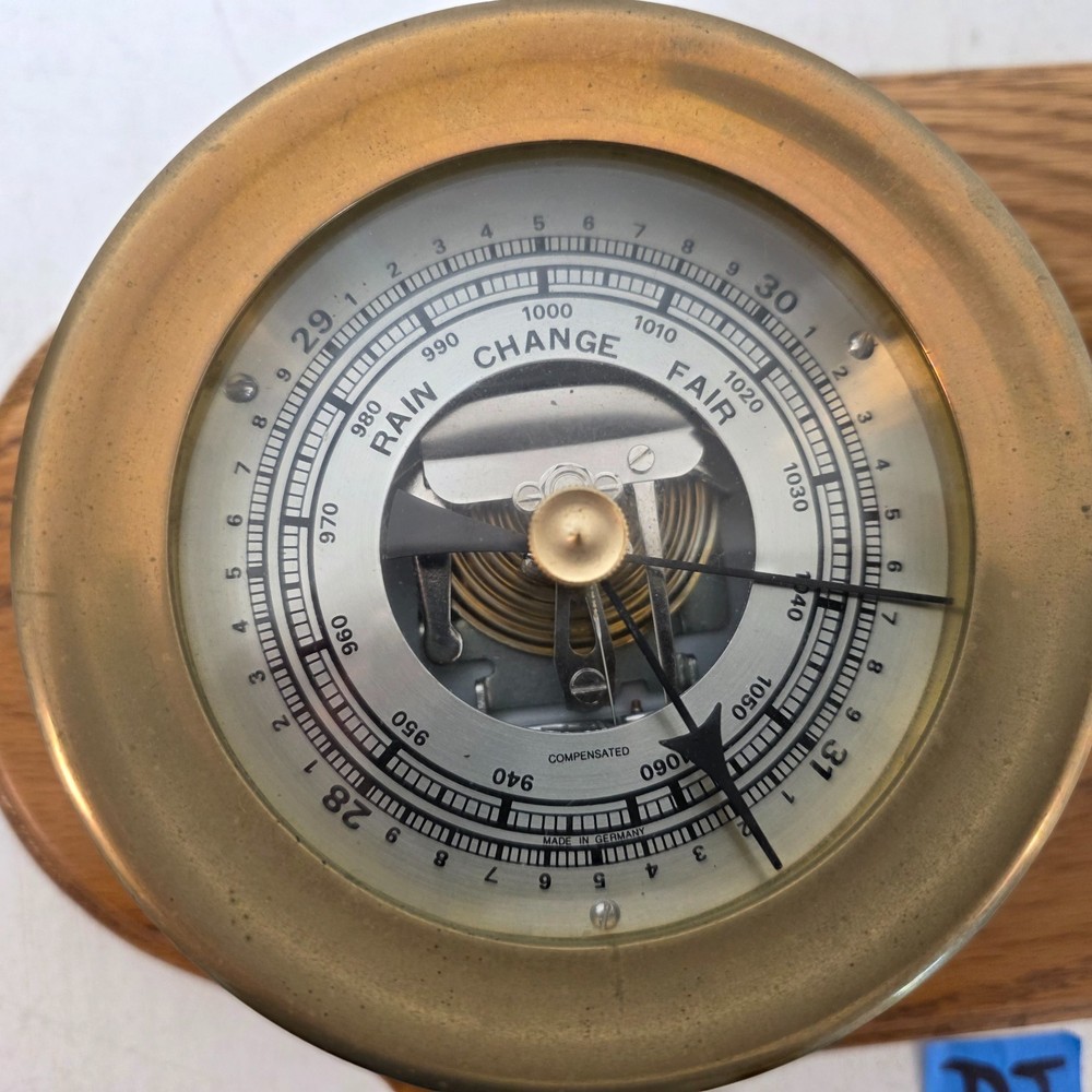 Bell Clock Co Ship Brass Quartz Clock & Barometer on Oak Base Vintage