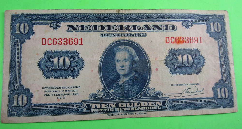 NETHERLANDS, 10 GULDEN, Qn. Wilhelmina @ ctr, 1943
