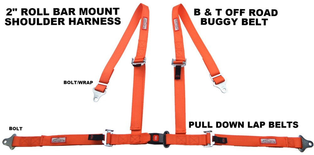 RACERDIRECT ORANGE 4 POINT SEAT BELT HARNESS PULL DOWN LAP BELTS ROLL BAR MOUNT