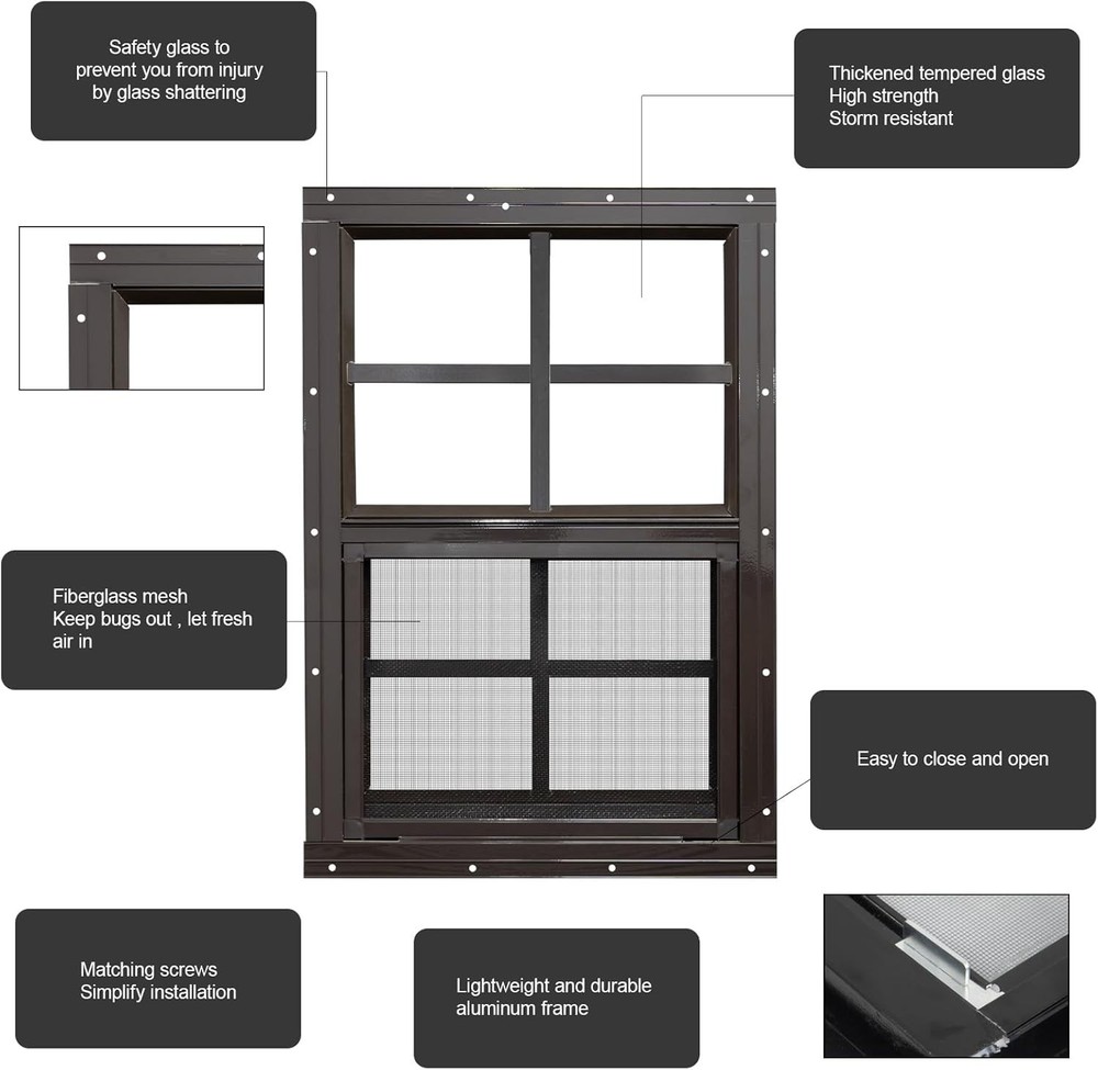 2 Pack Shed Windows with Black Frame, 24x36 Flush Mount Small Window with Tem...