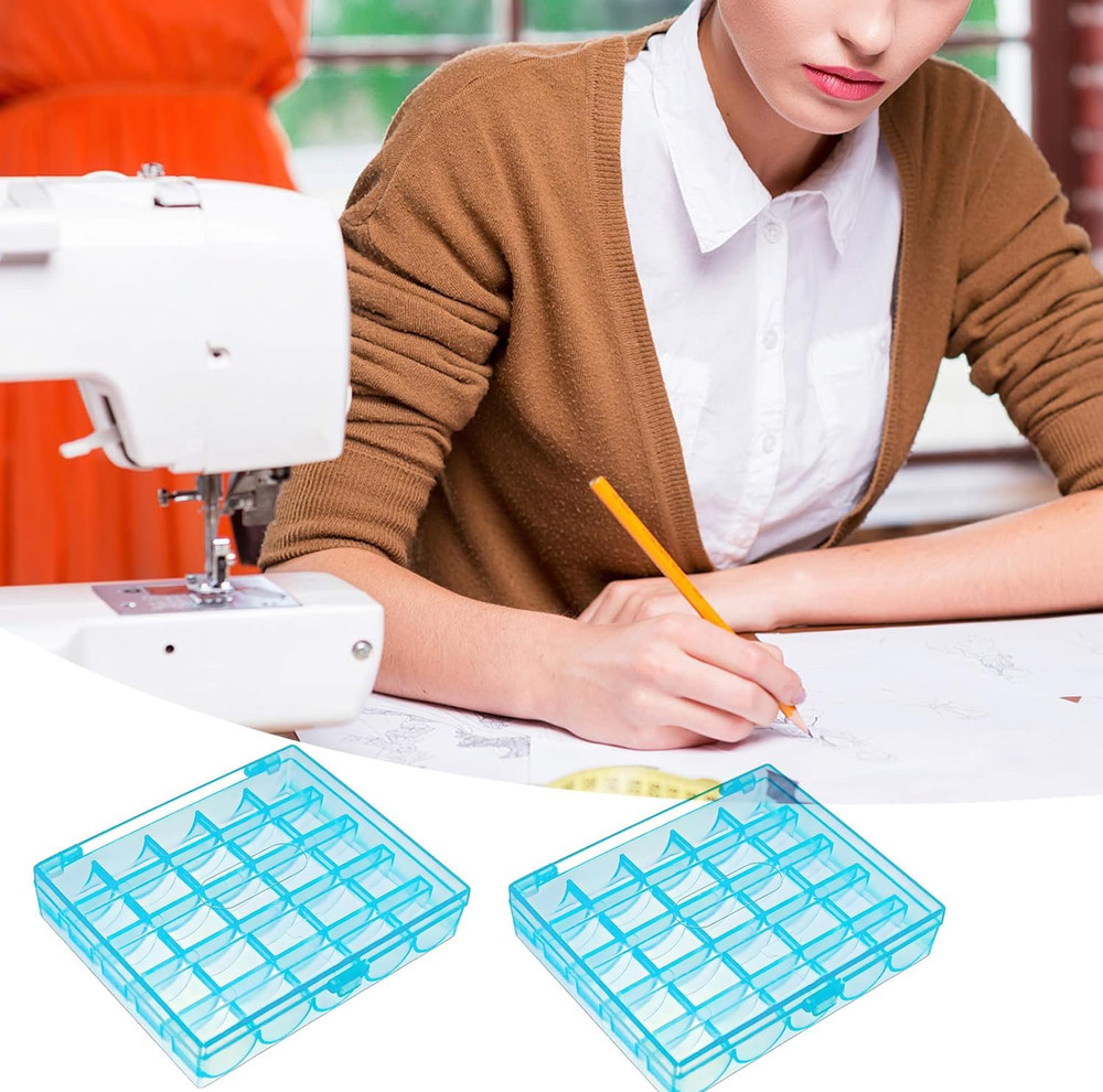 25 Slots Sky Blue Bobbin Box,Sewing Machine Bobbin Organizer Plastic Case,Transp