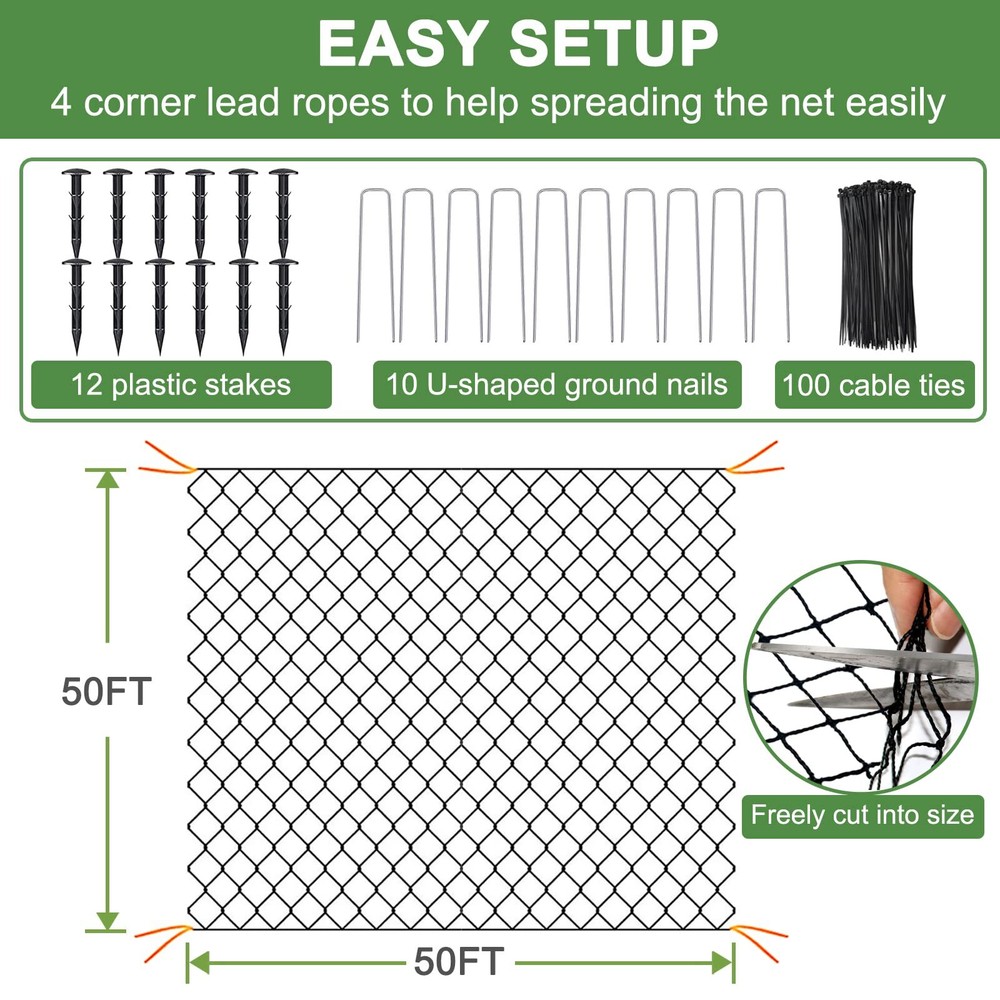 Bird Net - 50' x 50' Garden Netting with 2.4" Square Mesh Protect Fruit Tree ...