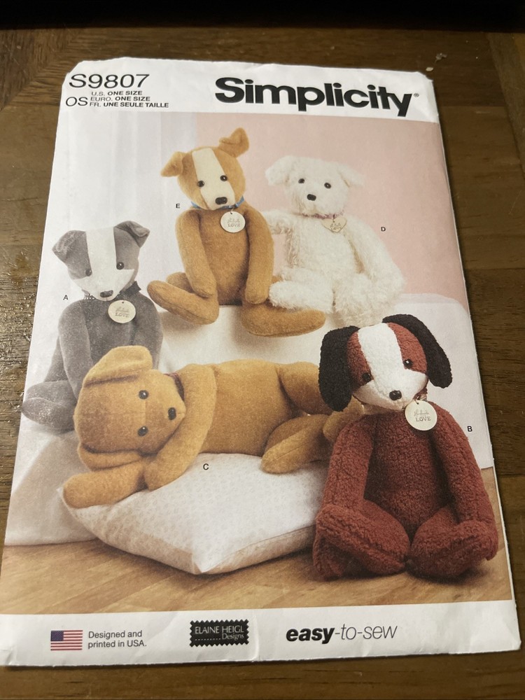Simplicity Pattern S9807 EASY to SEW Poseable Plush Dogs ~ 5 Styles