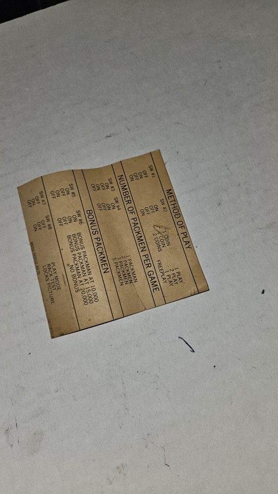 Pac Man original settings instruction card