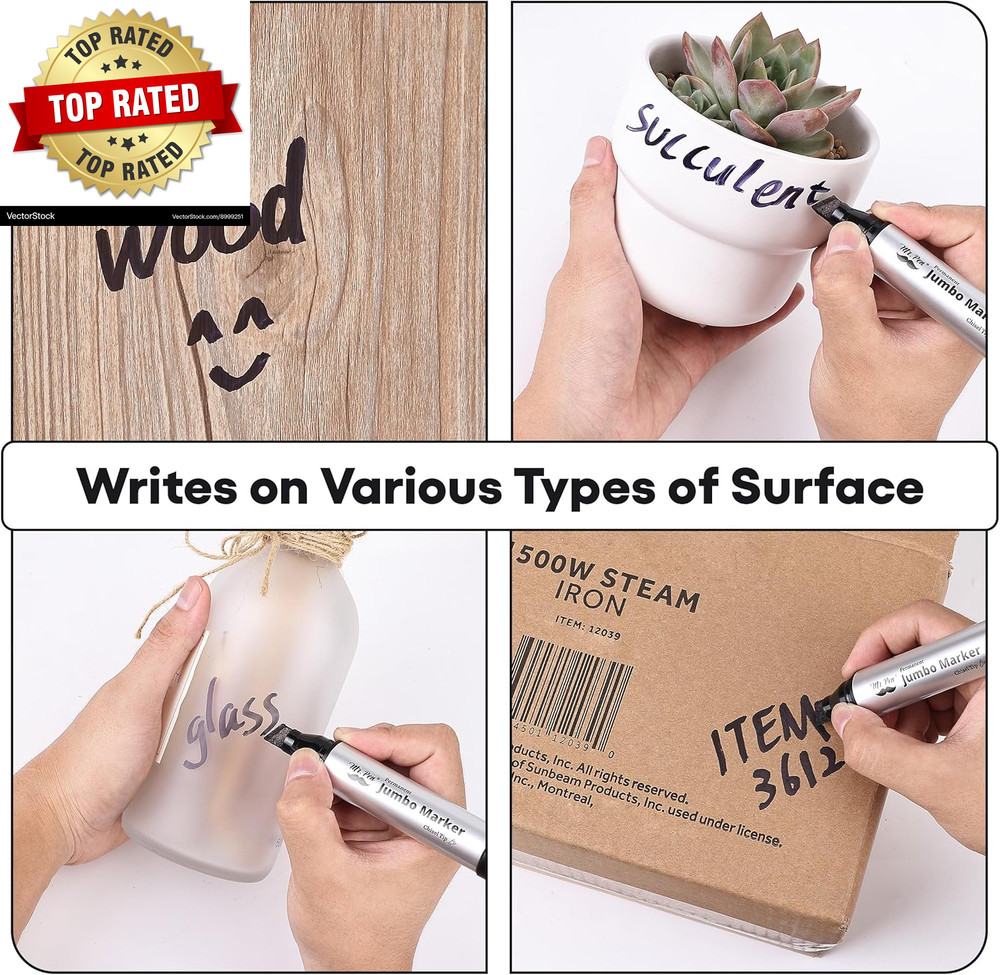 Jumbo Permanent Markers, 4 Pack, Chisel Tip, Black, Thick, Large, Wide Tip