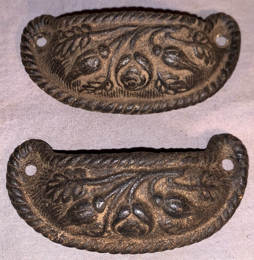 Great Set  2  Antique  Cast Iron  Bin  Cabinet  Pulls  Floral Design