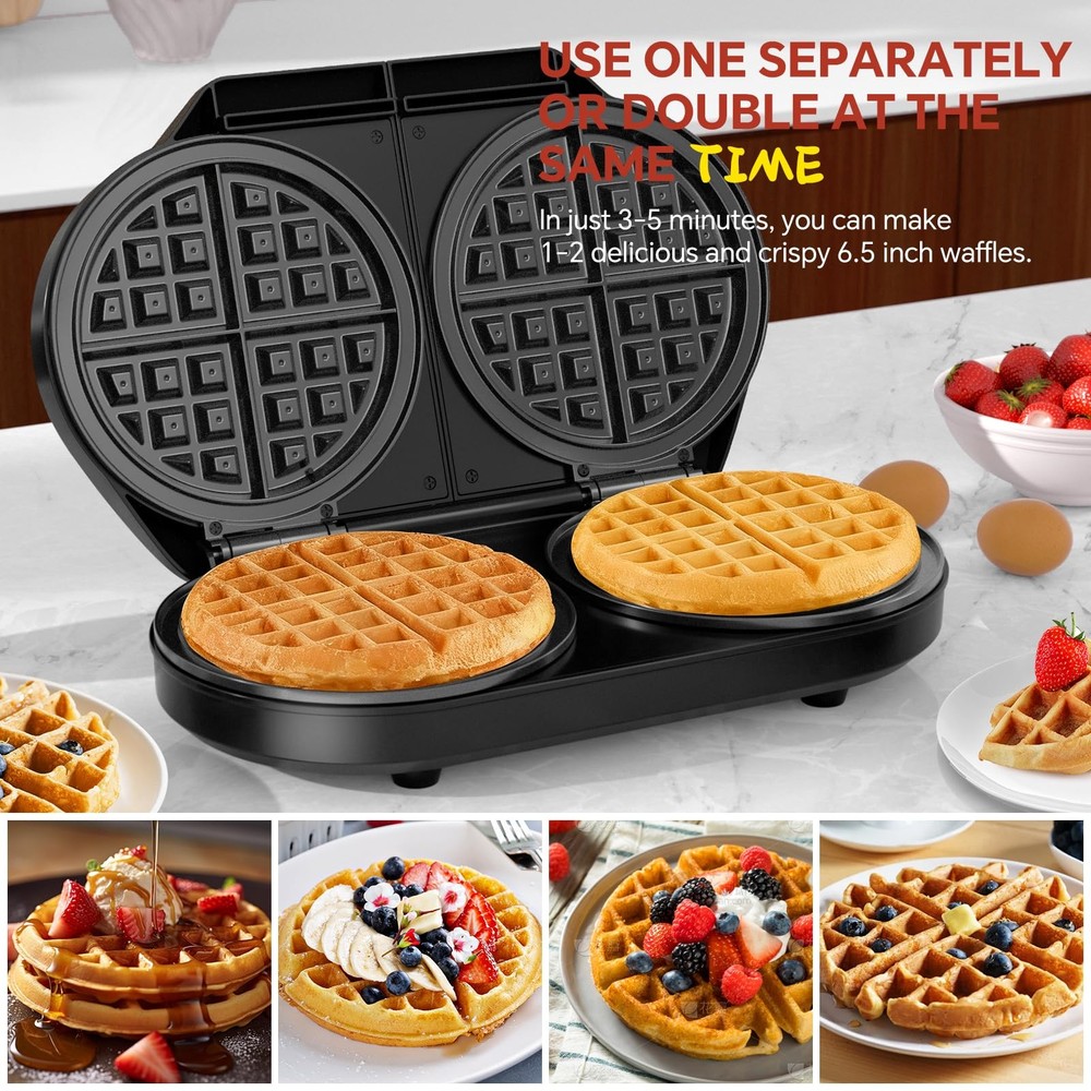 Double Waffle Maker, Belgian 6.5 Inch 2 Slices, Black