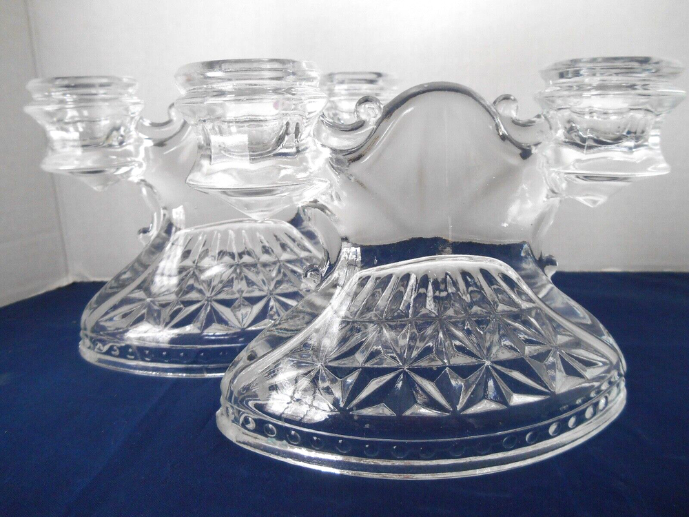 Vintage LE Smith Depression Mount Pleasant Shield Clear Glass Candleholders