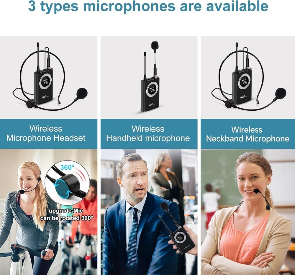Wireless Microphone Headset, Head Mic Speaker System, UHF Professional Handhe...