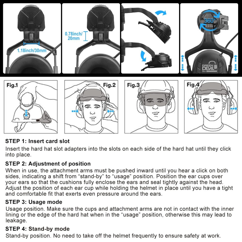 GREEN DEVIL Hard Hat Safety Helmet with Visor Bluetooth Ear Muffs and Headlam...