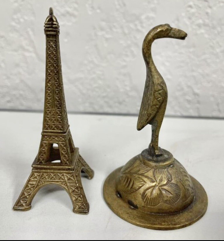 Pair of smaller solid brass decorations Bird Bell Eiffel Tower