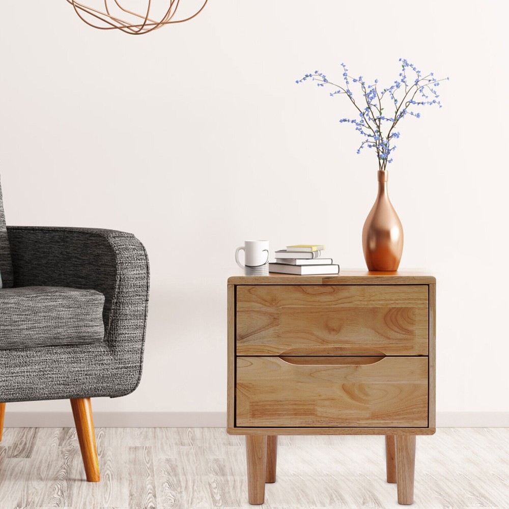 Nordic Style Solid Wood 2 Drawers Bedside Table Nightstand Home Decor