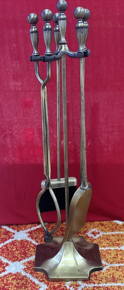 Vintage Brass Five Piece Fireplace Tool Set, Antique & Heavy