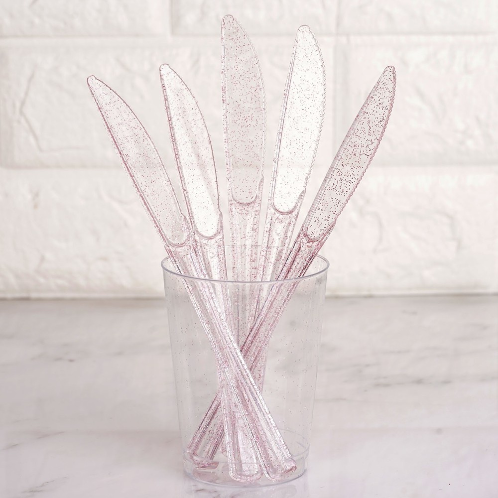 Clear Blush Glittered Dinner Knives Set Disposable Tableware Wedding Party