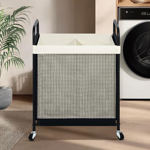 Laundry Hamper 2 Section, 100L Rolling Laundry Sorter Cart 2-Section Beige