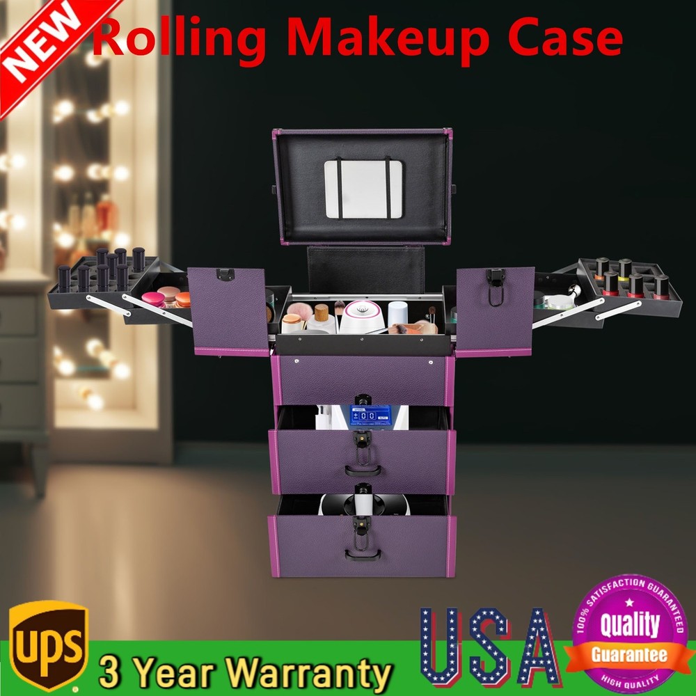 Rolling Makeup Case Beauty Organizer Box Lockable Cosmetic Case Trolley