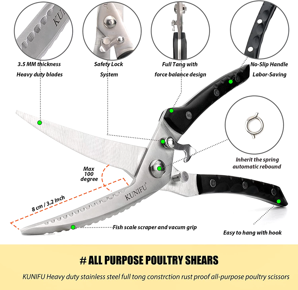 KUNIFU Multi-Function Poultry Shears Spring Loaded Heavy Duty Sharp Stainless
