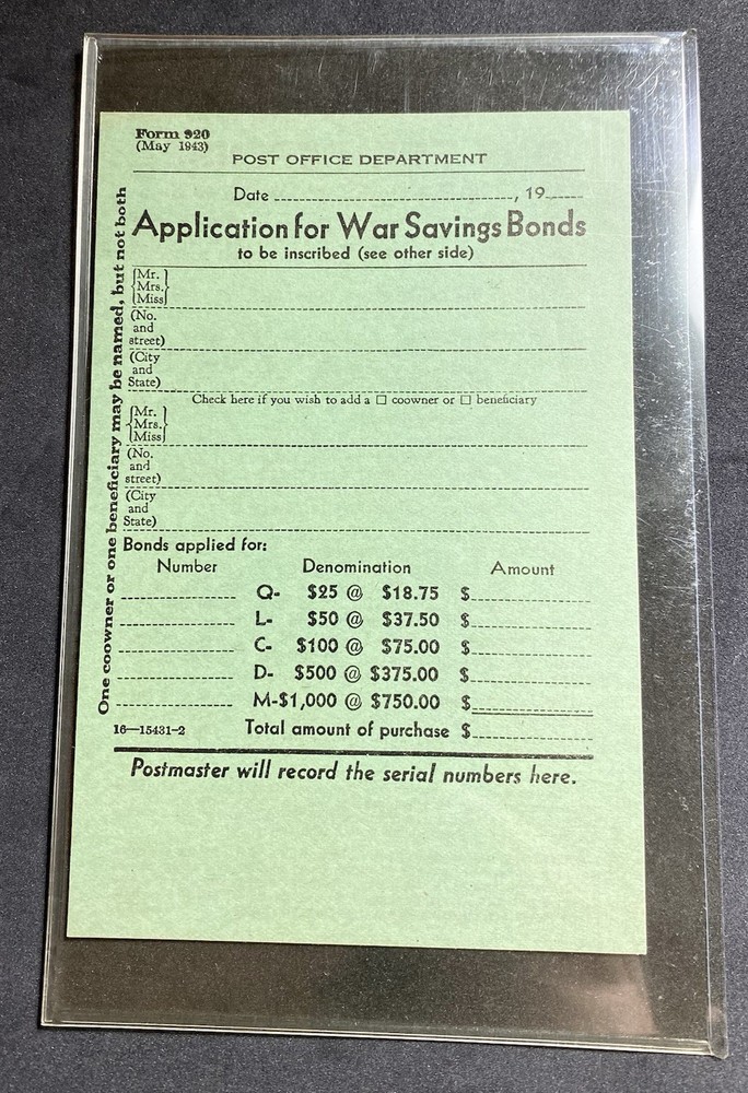 War Savings Bonds Application WWII Era Form 920 ( May 1943 )