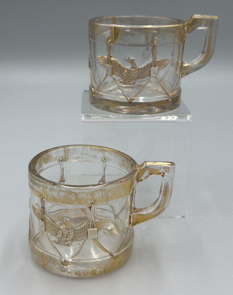 1909 Pair Mug EAGLE DRUM Cup Glass CANDY CONTAINER Antique E&A 543