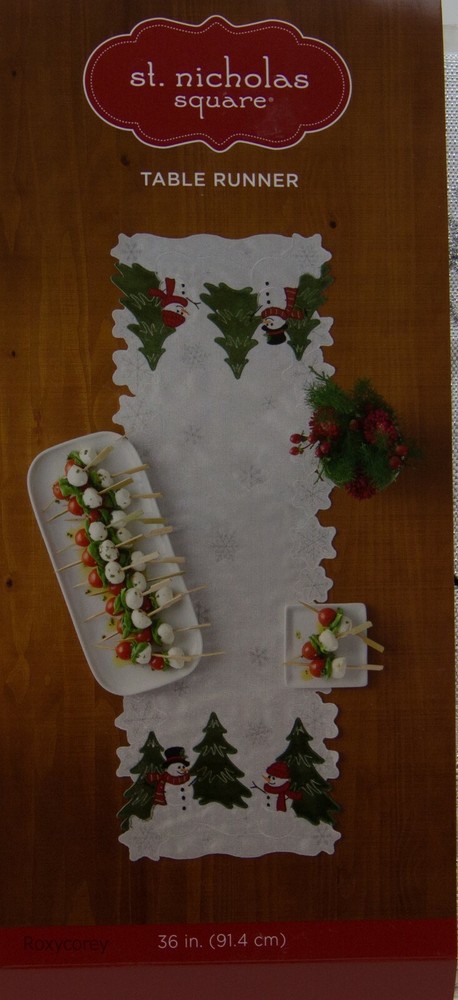 Christmas St Nicholas Square Snowman & Tree Scene Table Runner 36x13 NWT