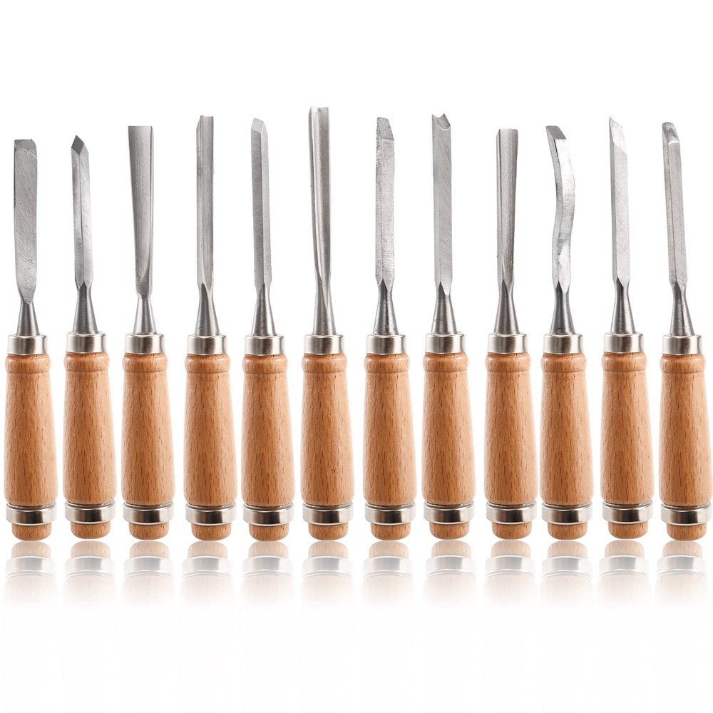 12 PCS Wood Carving Tools Gouges Woodworking Chisels Full Size Wood Carving K...