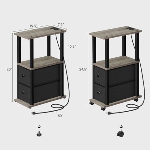 End Table with Charging Station, Narrow Side Table with 2 Fabric Greige