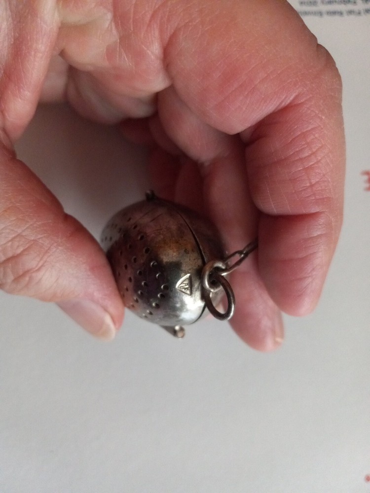 Antique Signed Silver Tea Strainer stamped AEC. Old egg shaped quality