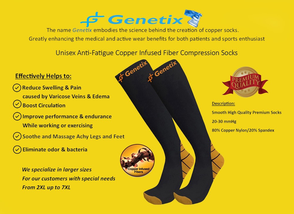Genetix Plus Size 3 pack Copper Compression Socks 15mmhg-20mmhg