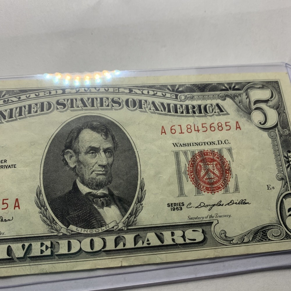 1963 $5 dollar red seal note A61845685a