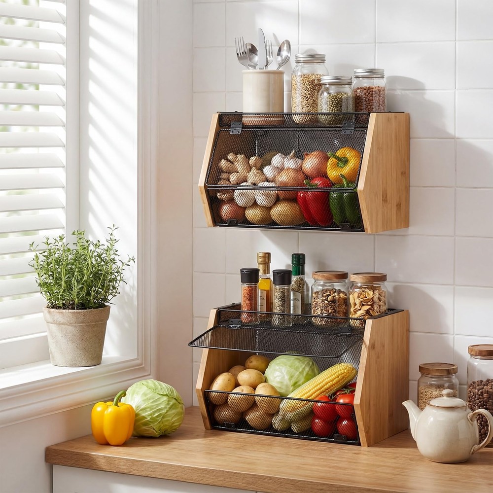 2PCS Stackable Mesh Fruit Basket Wall Mounted Storage Bin for Kitchen Bathroom