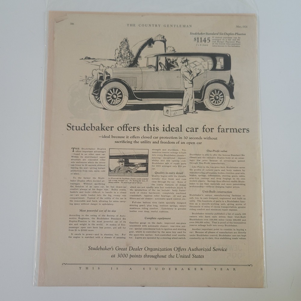 1926 STUDEBAKER Standard Six Duplex Phaeton Antique Car Ephemera AD