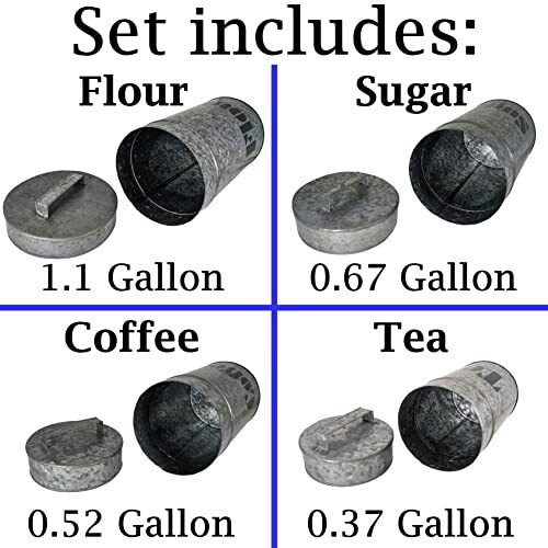 4 Set Galvanized Metal Kitchen Storage Canisters w\ Lids-Labeled w\ diff labels