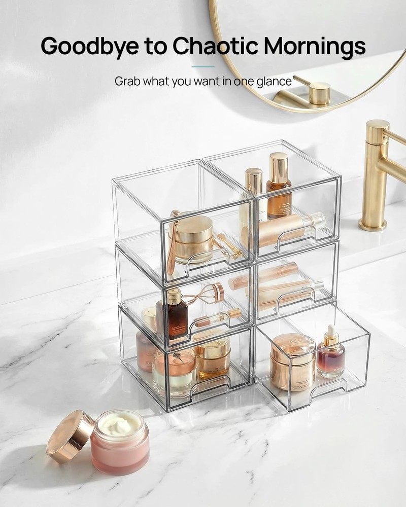 Vtopmart 4 Pack Small Clear Stackable Storage Drawers,Acrylic Bathroom Makeup