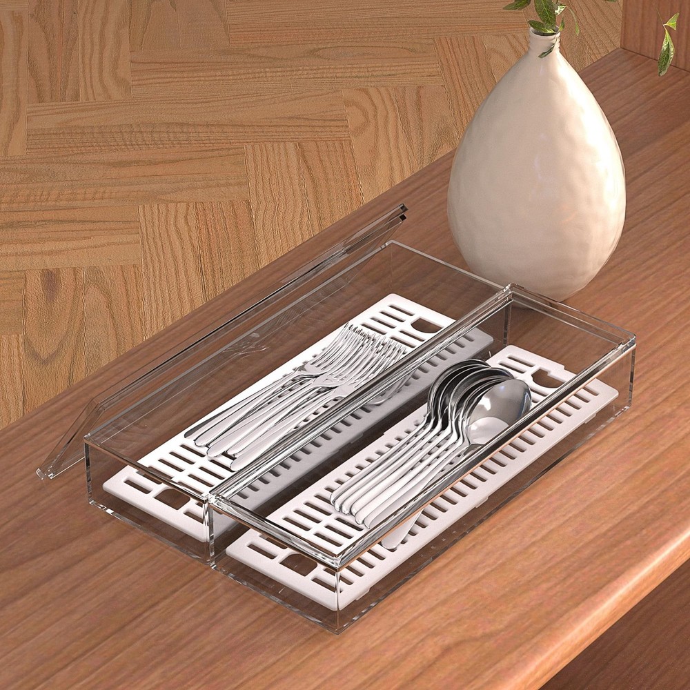 2 Pack Clear Silverware organizer with lid, Plastic Flatware Storage Box, Kit...