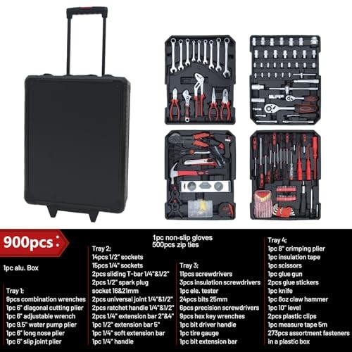 900PCS Complete Home Tool Set Versatile Rolling Tool Kit for Professional 900p