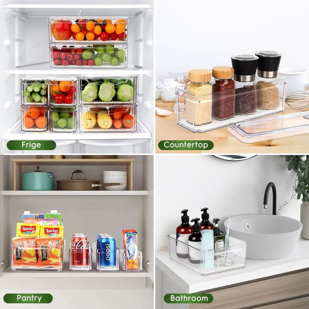 6 Pack Fridge Organizer, Stackable Refrigerator Organizer Bins with Lids, BPA-Fr