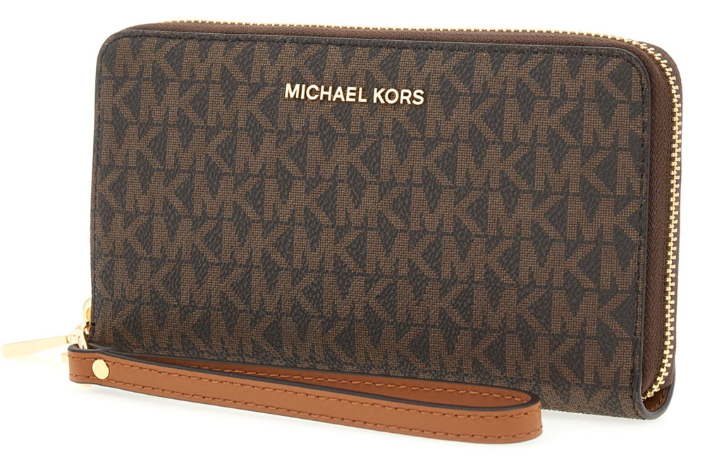 Michael Kors Jet Set Large Flat Multi Function Phone Case Brown Signature NWT