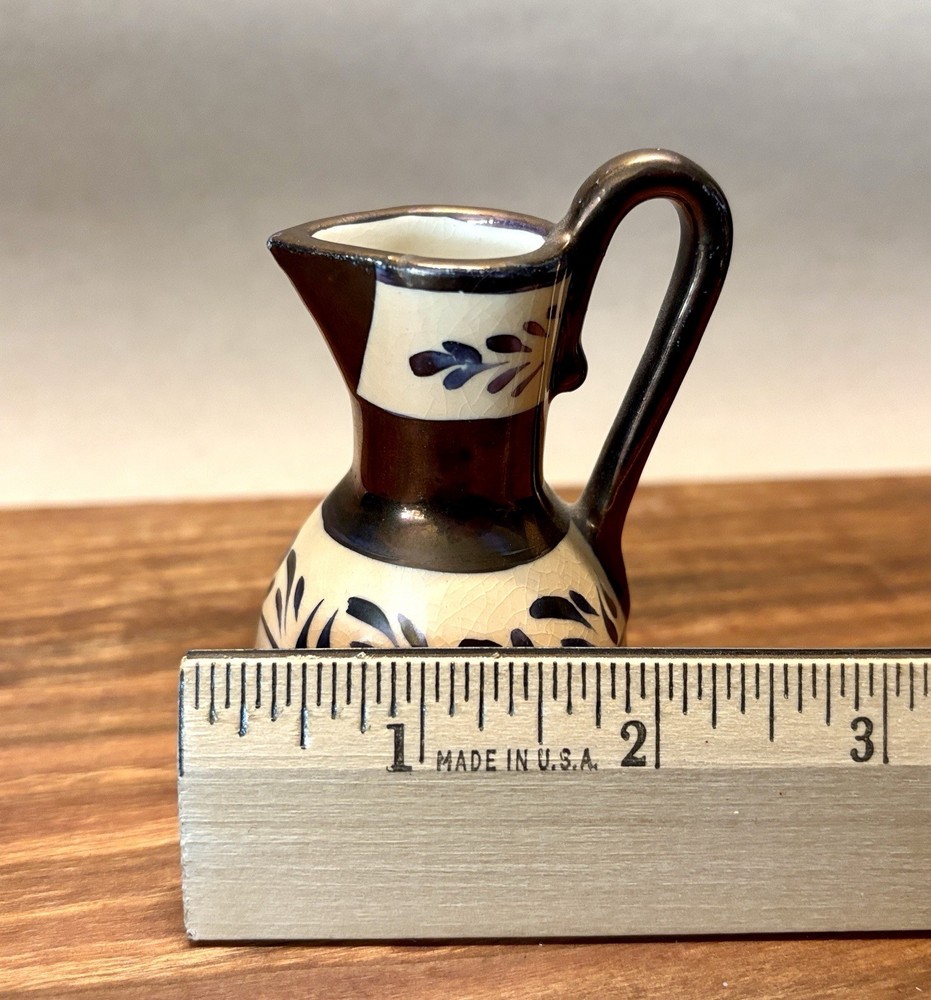 Miniature Lusterware Creamer Metallic Copper Glazed Band England Leaf Pattern