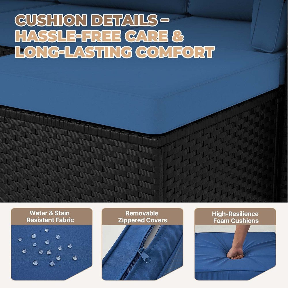 3-Piece Black Rattan Conversation Set Sofa Ottoman Table Navy Blue
