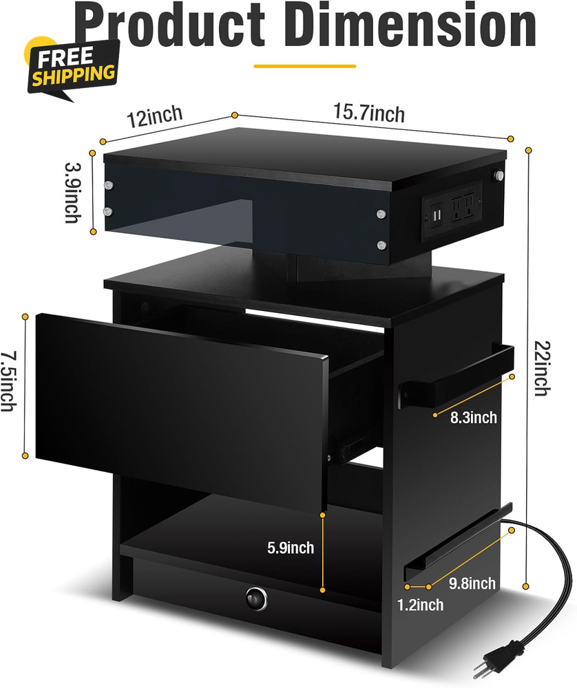 Nightstand with Induction Light & Side Charging Station, Modern Bedside Table