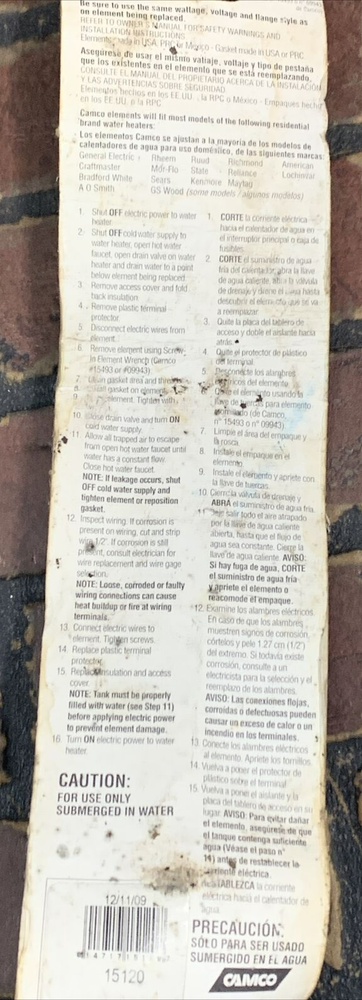 Camco Water Heater Element, Screw-In, 120-Volt, 1500-Watt