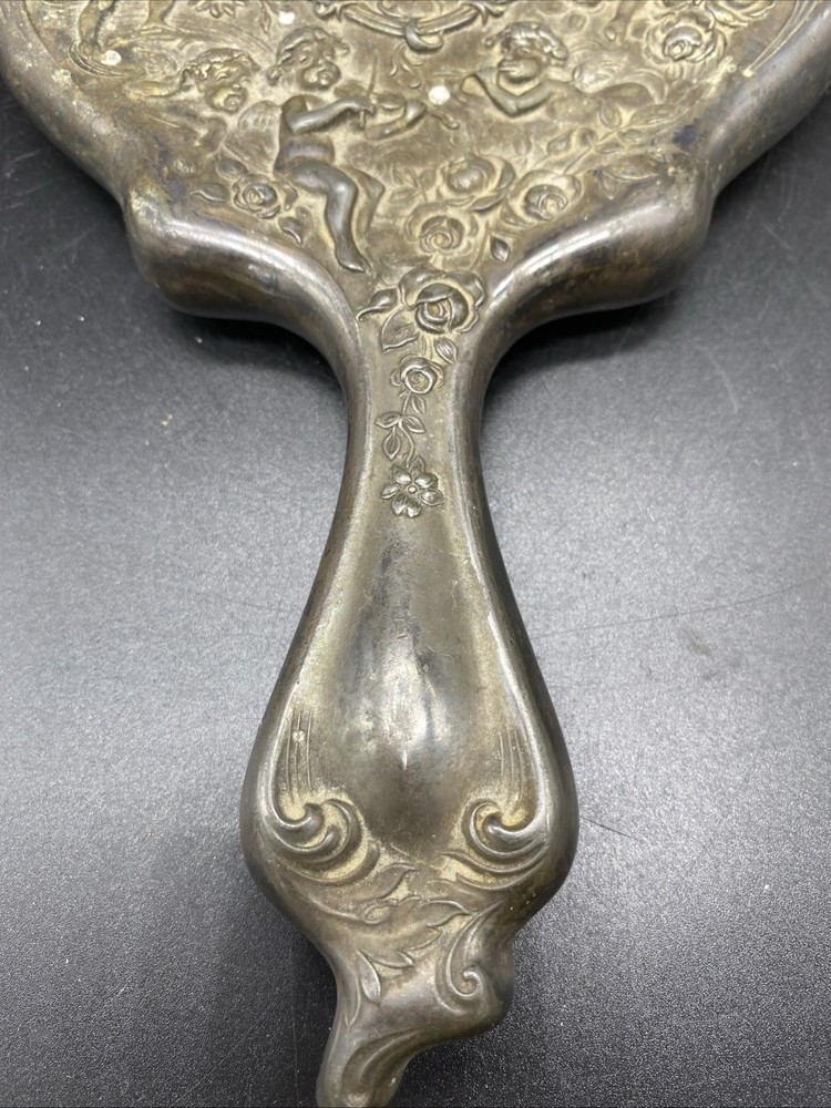 Victorian Silverplate Repousse Cherub Frame Vanity Mirror