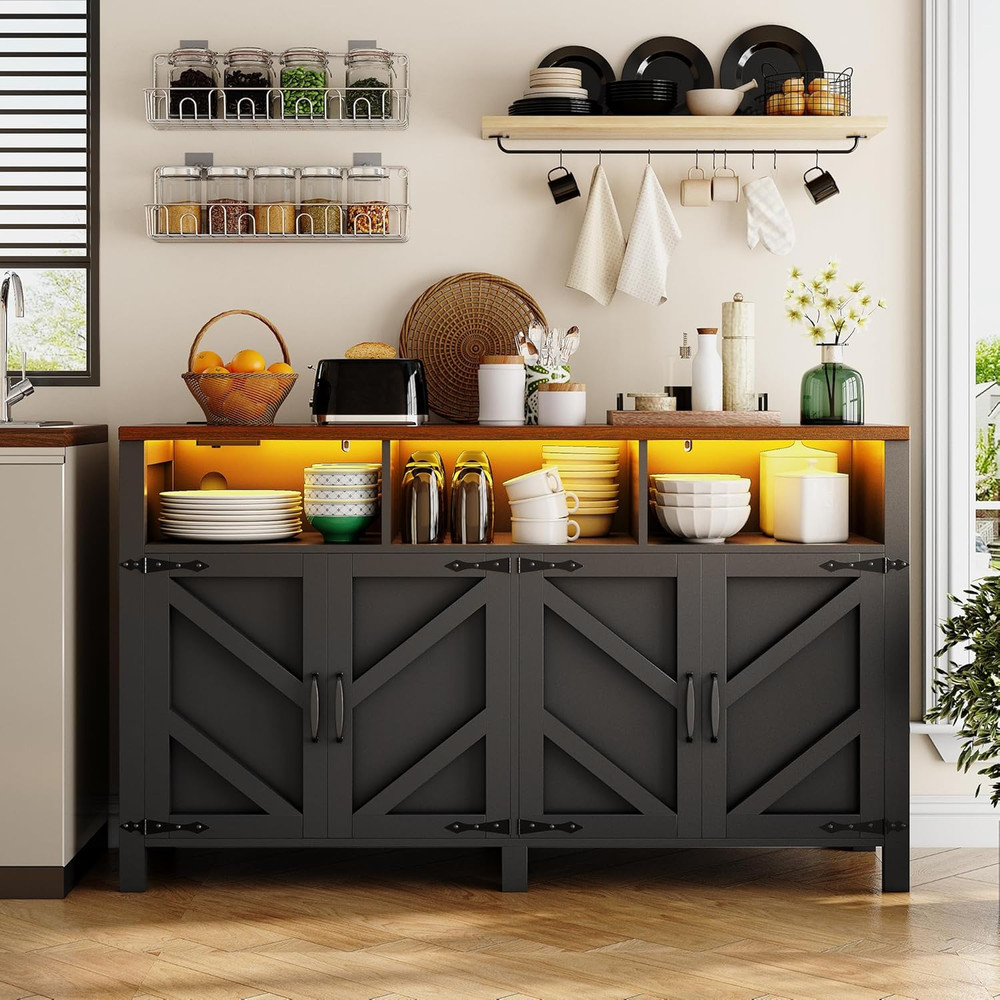 Buffet Sideboard with Storage with Power Outlets & LED Light 4 Doors, 55'' Large