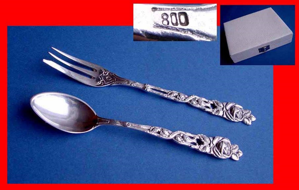 Rare Set, 6 Cake Fork + 6 Coffee Spoon, Rose, 800 Silver B401